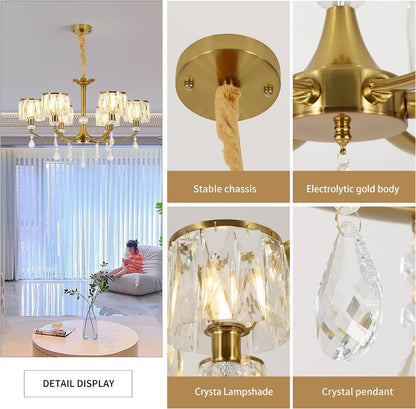 Gold Chandelier, 6 Lights, Wagon Wheel Clear Crystal