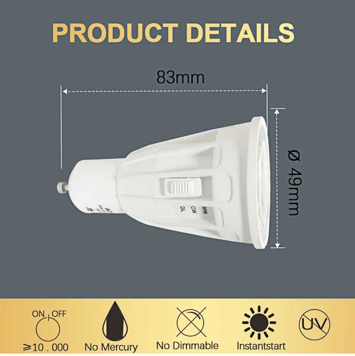 9W = 70W LED Tri-Colour Long Body GU10 Globe-GU10-Green Earth Lighting Australia