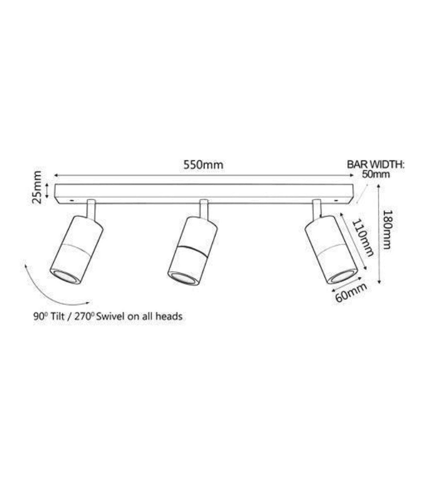 CLA PG3BAR - 3xGU10 3 Light Bar Adjustable Rail Ceiling Spot Light IP44-Ceiling Light Fixtures-CLA Lighting