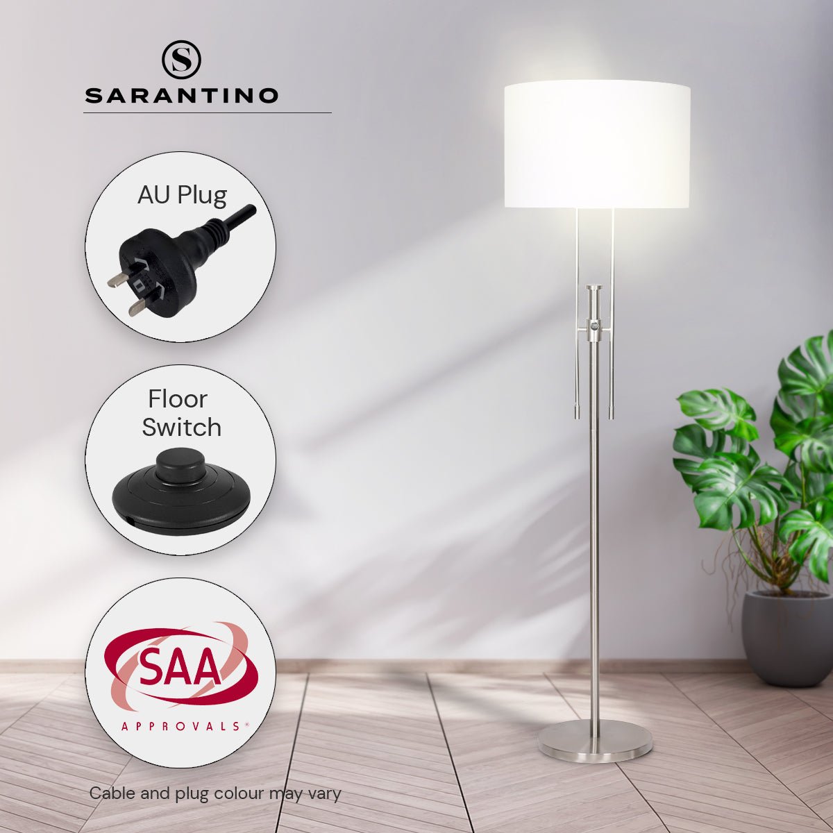 Sarantino Brushed Nickel Height-Adjustable Metal Floor Lamp-Home & Garden > Lighting-Koala Lamps and Lighting