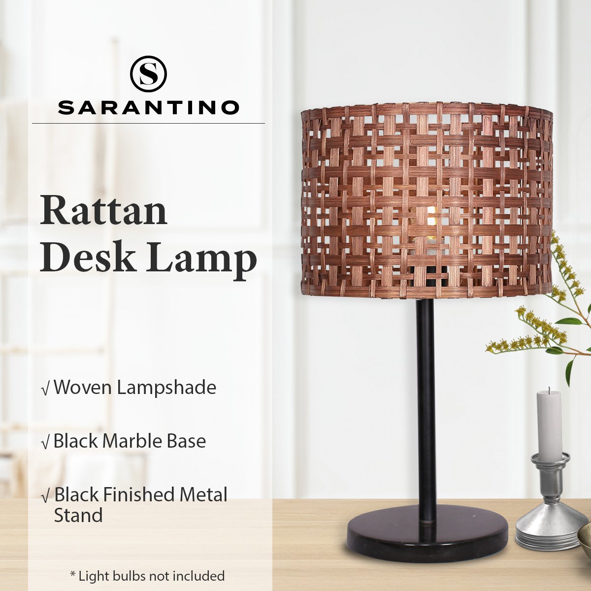 Sarantino Rattan Desk Lamp With Black Marble Base-Home & Garden > Lighting-Koala Lamps and Lighting