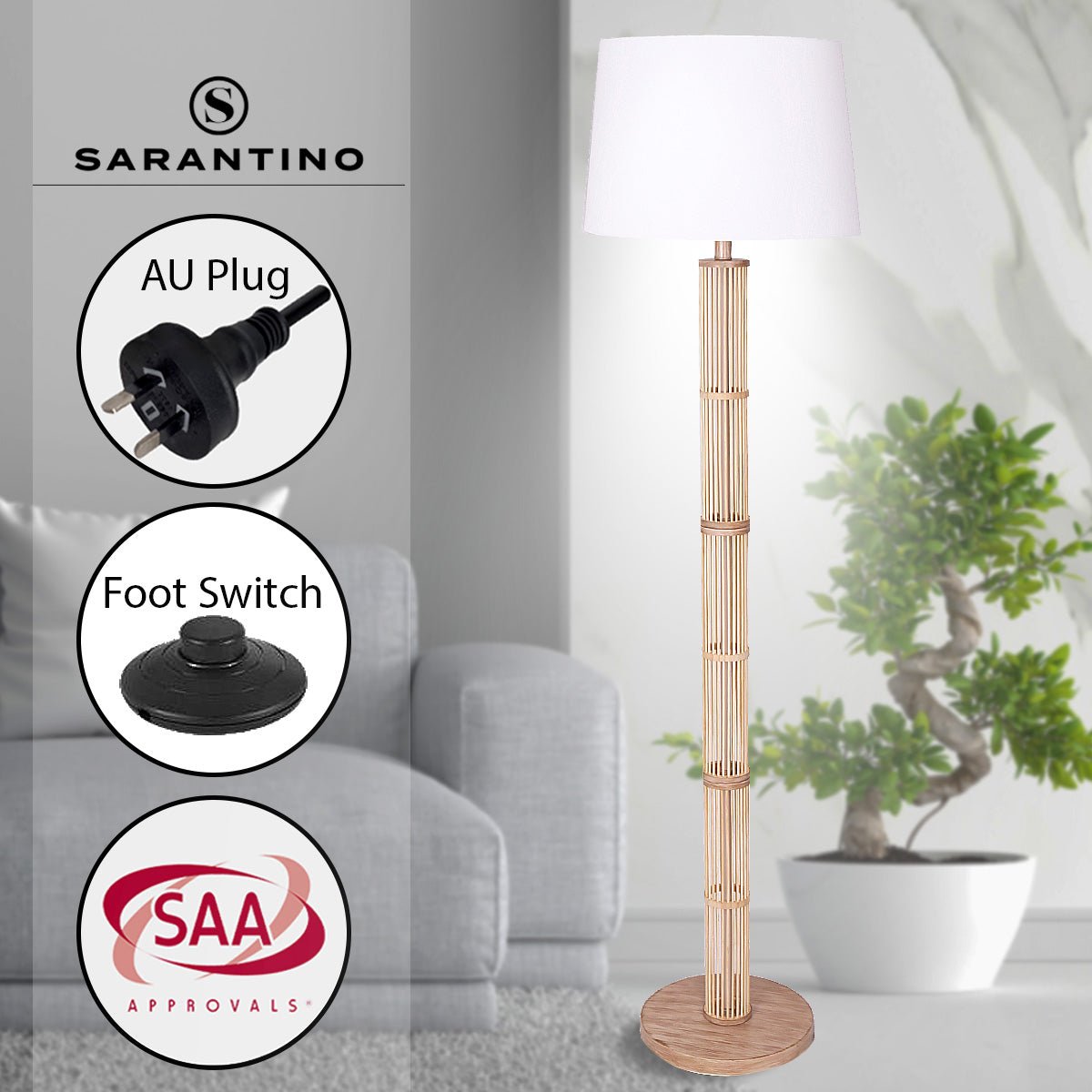 Sarantino Rattan Floor Lamp With Off-White Linen Shade by Sarantino-Home & Garden > Lighting-Koala Lamps and Lighting