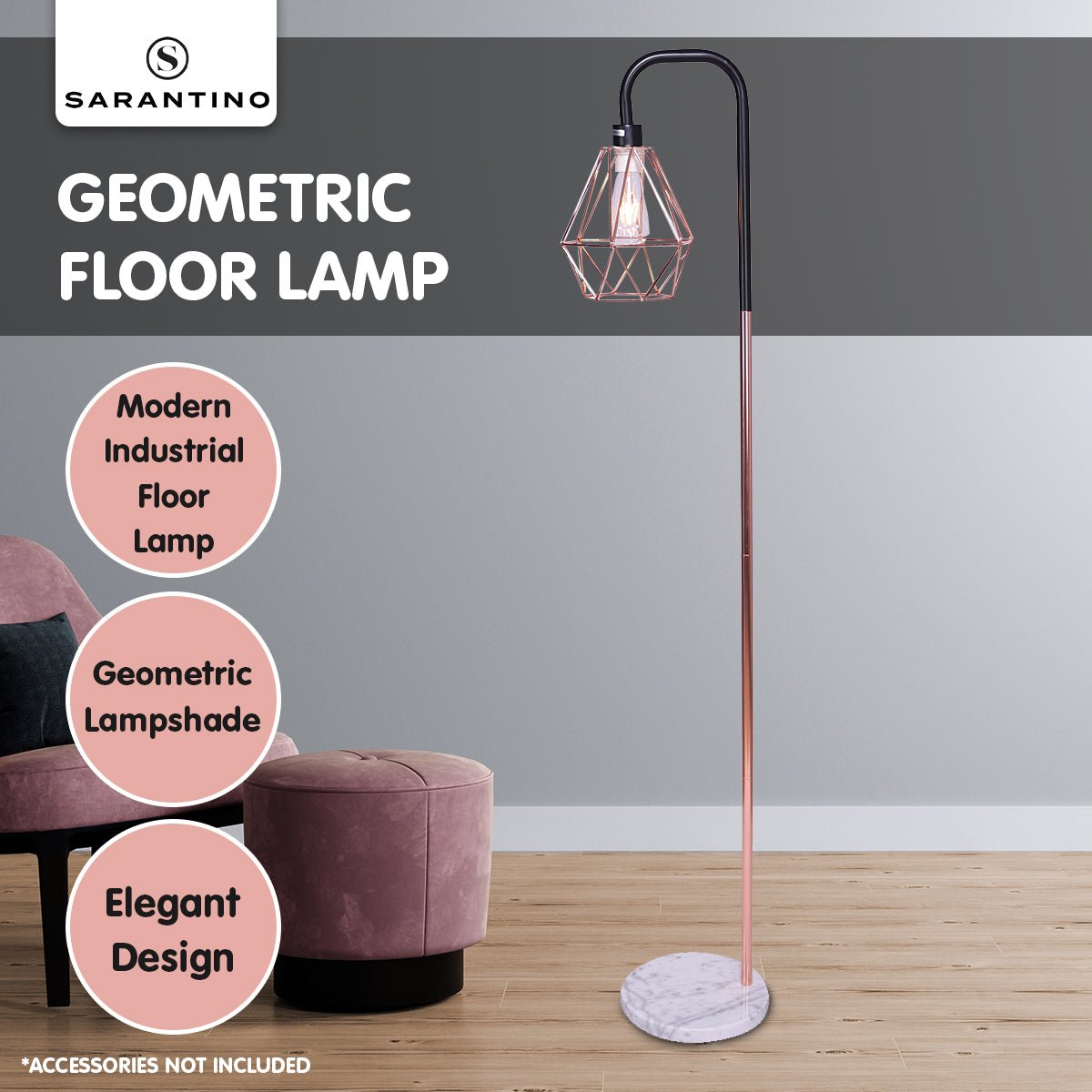 Sarantino Rose Gold Floor Lamp with Geometric Shade-Home & Garden > Lighting-Koala Lamps and Lighting