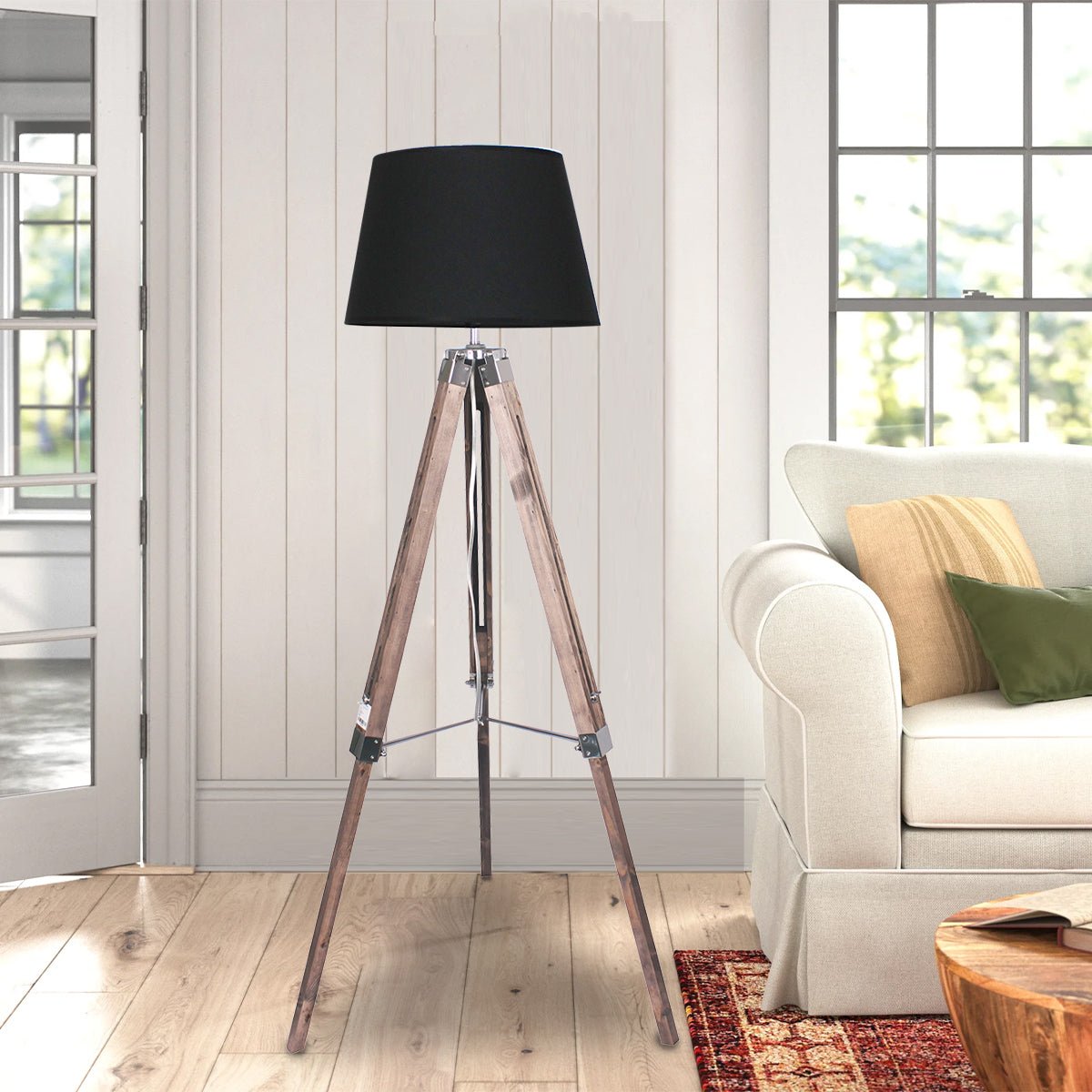 Sarantino Timber Tripod Floor Lamp Adjustable Height Taper Fabric-Home & Garden > Lighting-Koala Lamps and Lighting